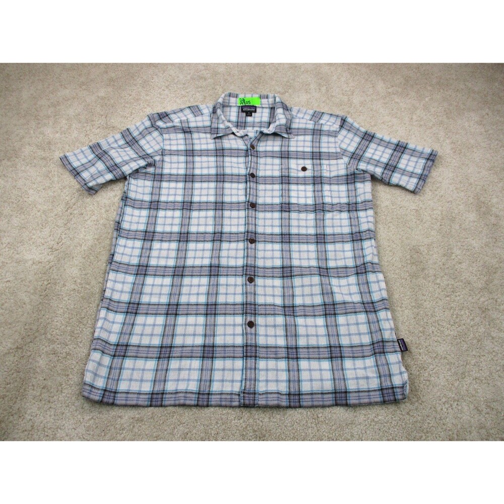 Patagonia Puckerware Shirt Men XL White Purple Seersucker Short Sleeve Button Up